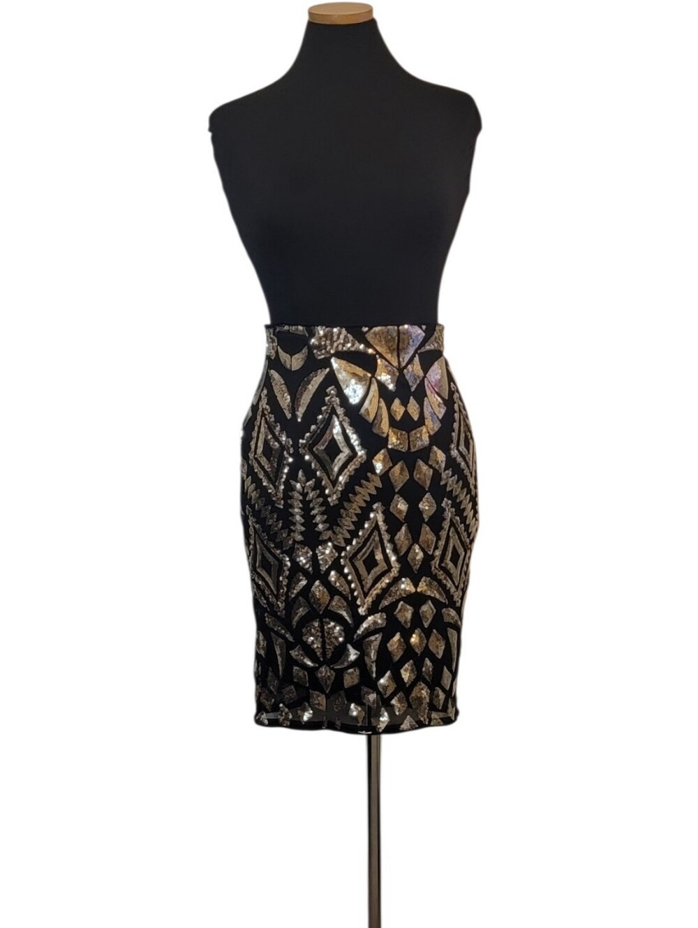 Cefian Sheer Sequins Black Gold Party Zip Midi Skirt